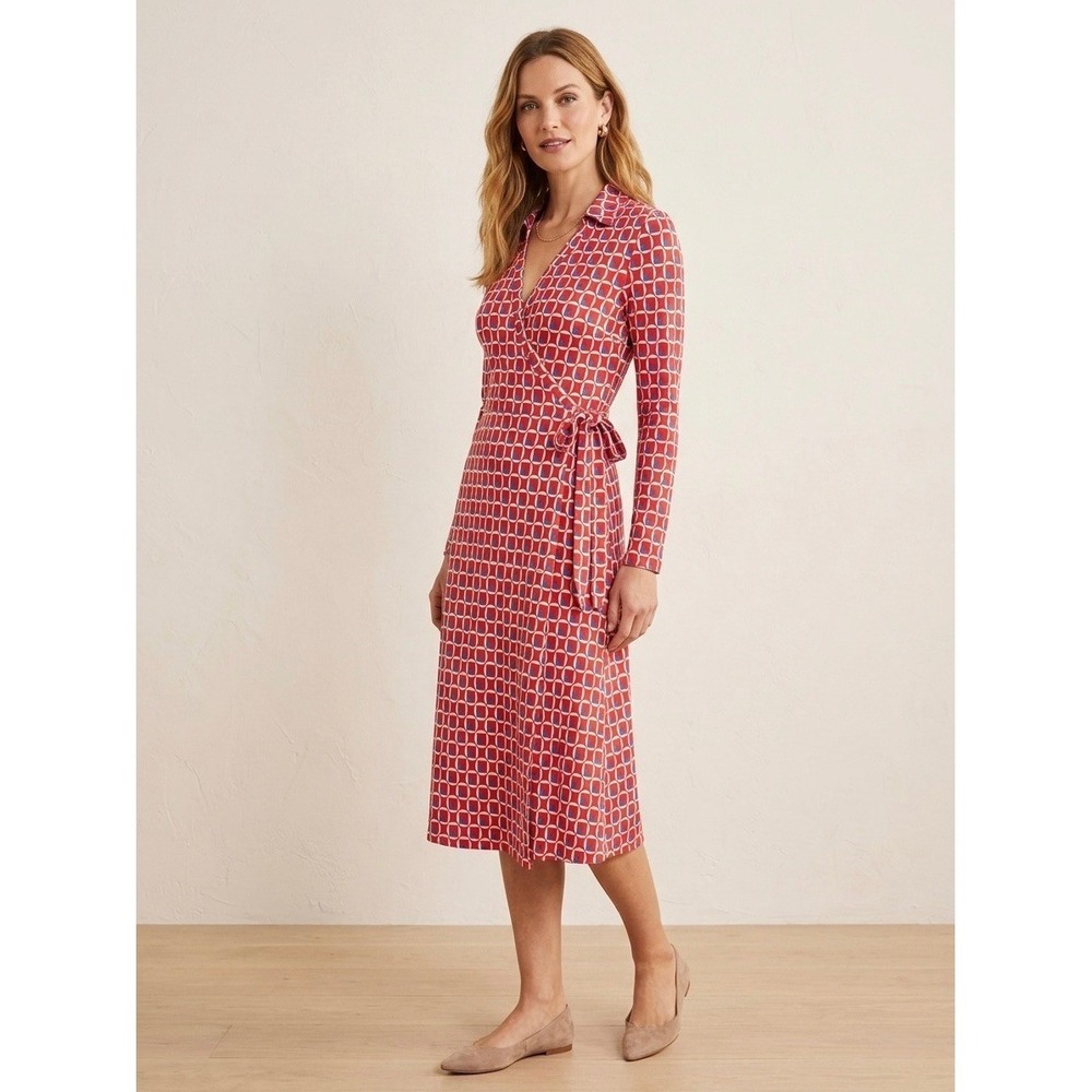 Boden Red Geometric Print Long Sleeve Wrap Dress Collared Knee Length US 4L